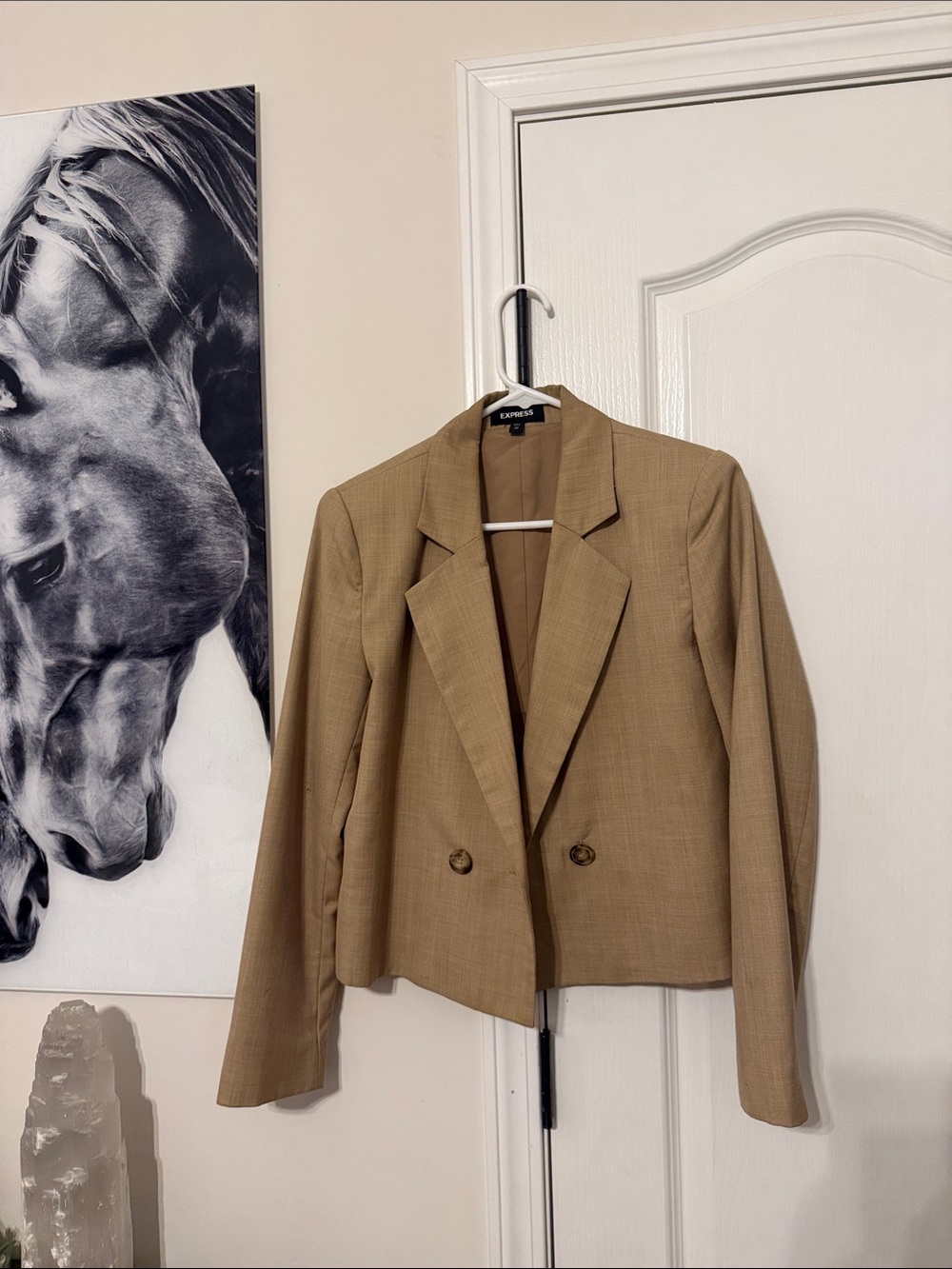 Express Tan Cropped Double-Button Blazer
